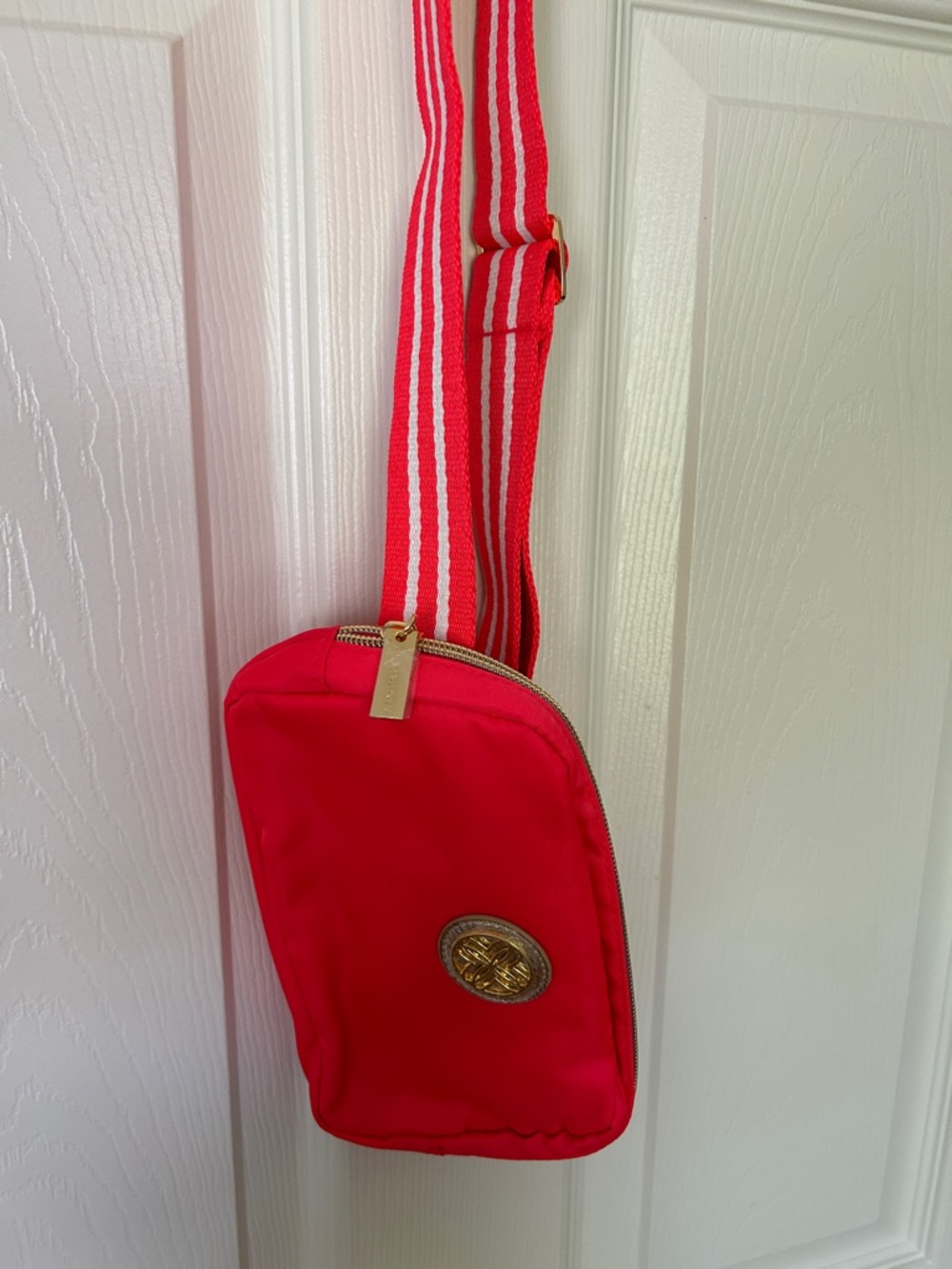 Red Crossbody Bag with Striped Strap